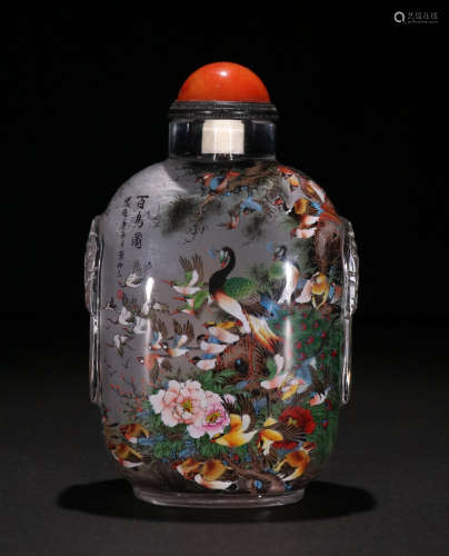 CRYSTAL SNUFF BOTTLE PAINTED WITH FLOWER&BIRD