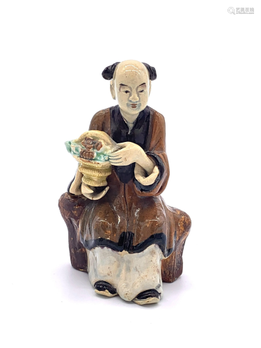 Hand Painted Ceramic Statue of Man Holding Basket