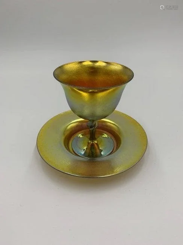 Signed Steuben Aurene Art Glass Goblet/ Saucer