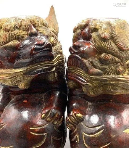 Unique Pair of Large Hand-Carved Chinese Foo Dogs