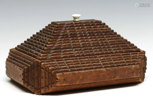 A GOOD HIGHLY STACKED PYRAMIDAL FORM TRAMP ART BOX