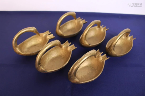 Set of 6 Bronze Decorative Flamingo Shape Ashtrays