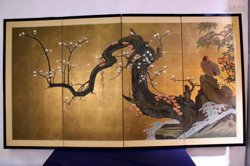 Hand Painted Japanese Folding Screen with Pine Tree and