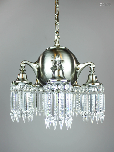 Rare Nickel Plated Brass Crystal 5 Light Fixture