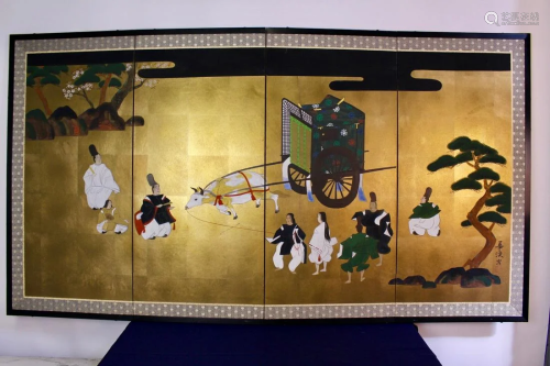 Hand Painted Japanese Folding Screen with Oxcart, 4