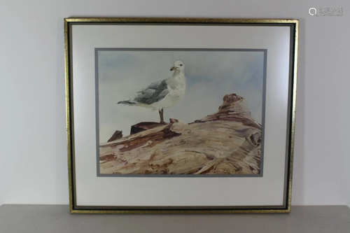 Mel Heath Watercolour of Seagull on Tree Trunk