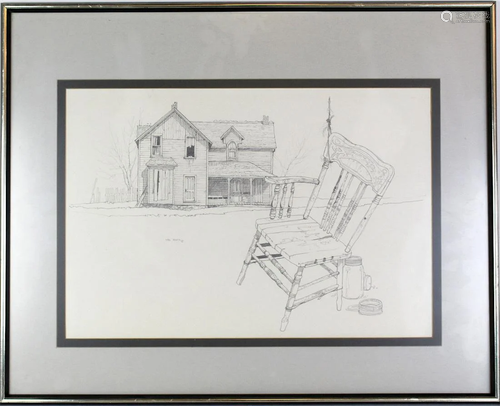 1973 Mel Heath Drawing of Chair in front of House