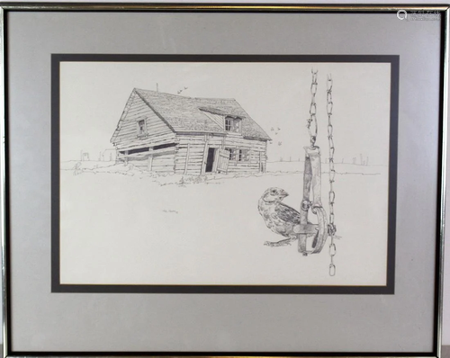 1973 Mel Heath Drawing of House an Bird on Saddle