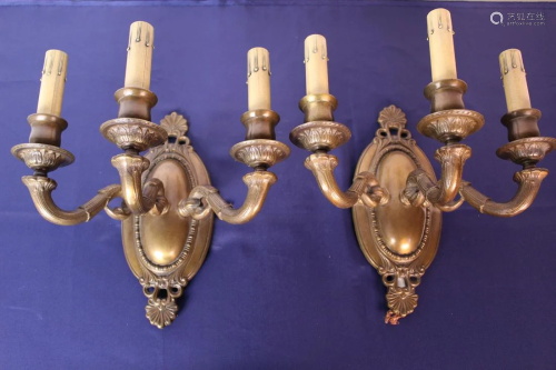 Pair of Three Arm Brass Wall Sconces