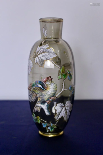 Rare Moser Glass Vase with Raised Enamel Decorations
