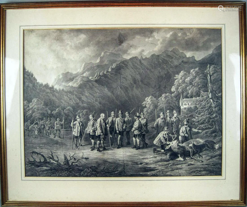 Large Engraving of Hunters by Joseph Kriehuber C.1864