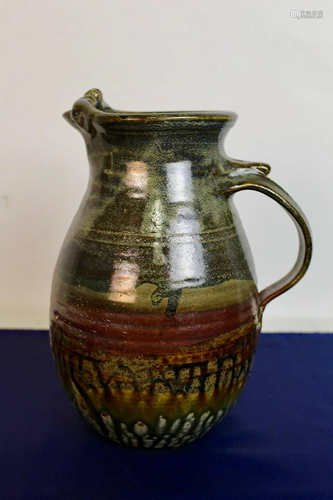 Japanese Art Pottery Unusual Glazed Handle Pitcher