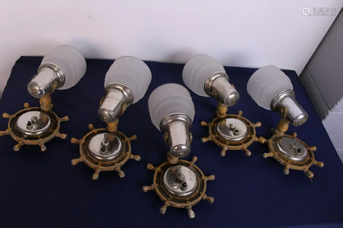 Set of 5 Nautical Style Wall Sconces with Glass Shades