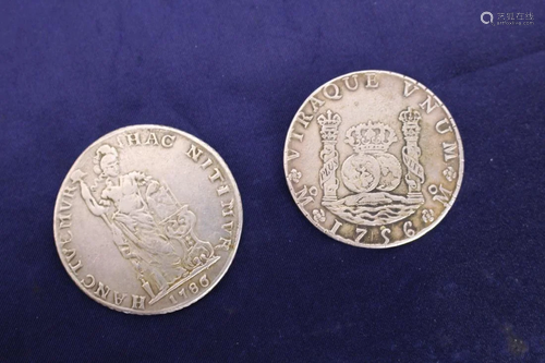 Two 8 Reales Peruvian Colonial Silver Coins, C. 1756.