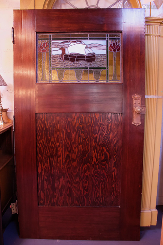 C 1895 Fir wood interior door with stained glass