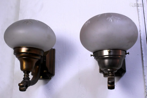 Two Art Nouveau Wall Sconces with Shades