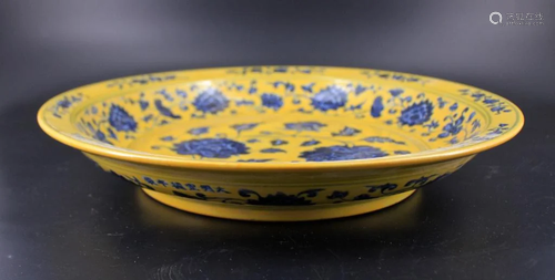 Extra Large Ming Yellow Blue Floral Peony Plate