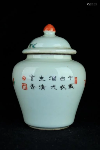 Small Qing Famille Rose Bird Jar with Lid