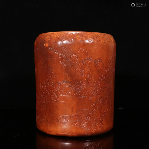 A GOURD CARVING 'LANDSCAPE' BRUSH POT