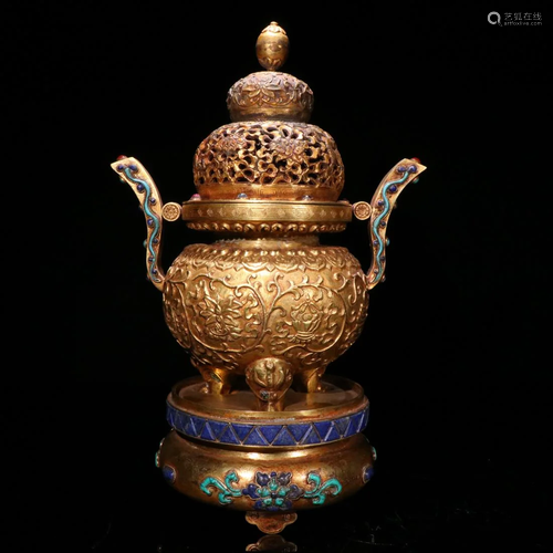 A GILT BRONZE OPENWORK DOUBLE-EAR CENSER