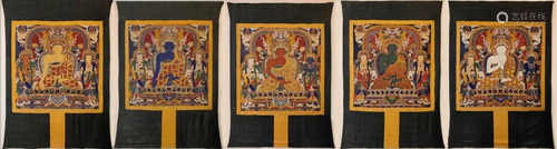 FIVE PANELS YUN BROCADE THANGKAS OF BUDDHA FIGURES