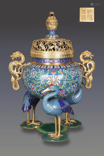 A GILT BRONZ CLOISONNE 'CRANE' CENSER