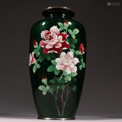 A JAPANESE ENAMEL PEONY FLOWER VASE