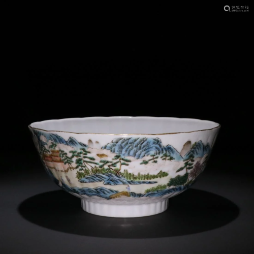 A FAMILLE ROSE LANDSCAPE RIDGED PORCELAIN BOWL