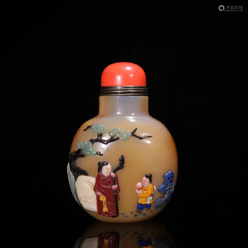 A GEMSTONE INLAID AGATE SNUFF BOTTLE