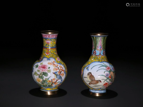 A PAIR OF ENAMELED OPENFACE BRONZE VASES