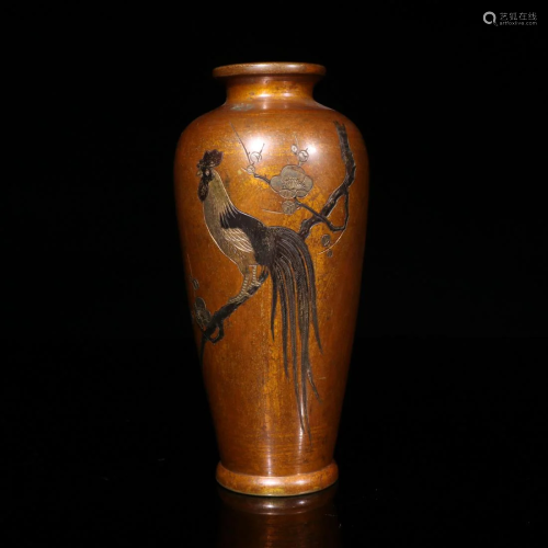 A 'ROOSTER & FLOWER' BRONZE VASE