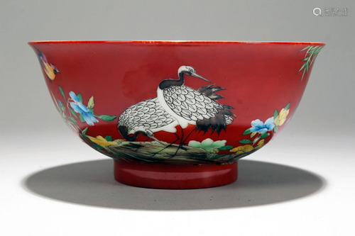 A Chinese Crane-fortune Red Poetry-framing Porcelain