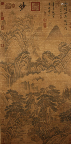 A Chinese Temple-scene Mountain-view Fortune Scroll