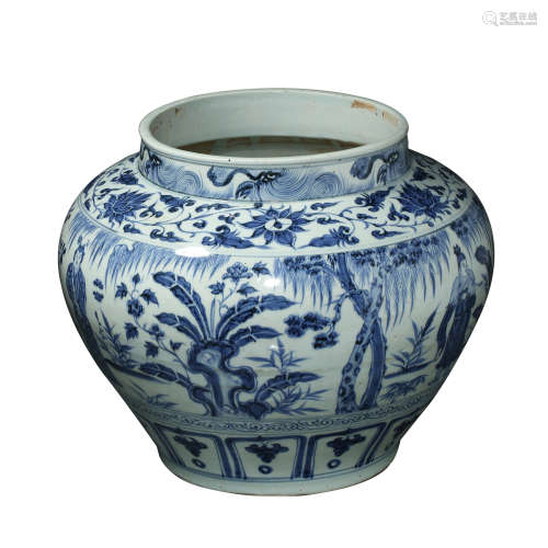 MING DYNASTY BLUE AND WHITE PORCELAIN JAR WITH CHARACTER PAT...
