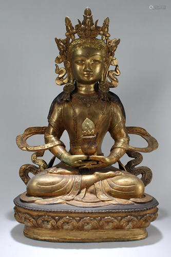 A Chinese Massive Pondering-pose Gilt Buddha Statue