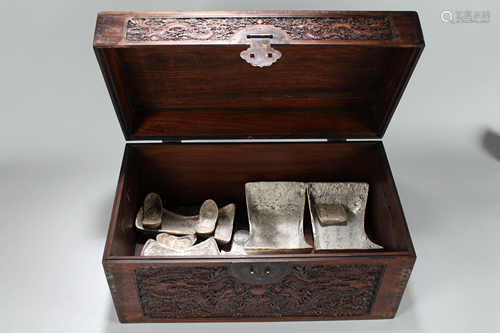 A Chinese Massive Coin-filled Lidded Wooden Box