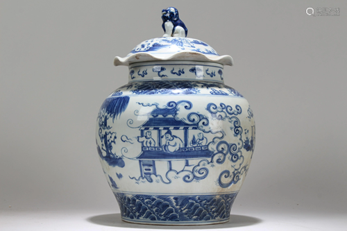 A Chinese Lidded Blue and White Story-telling Porcelain