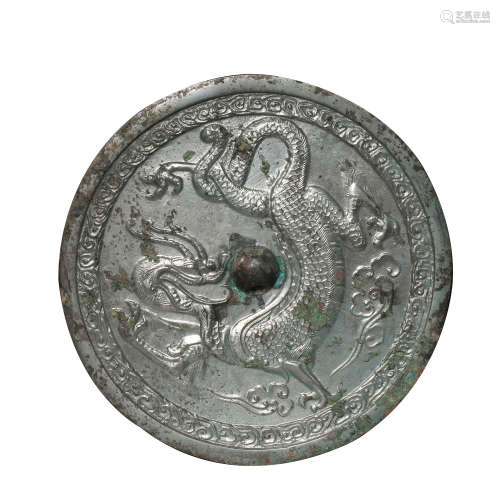 BRONZE MIRROR WITH FLYING DRAGON PATTERN, TANG DYNASTY, CHIN...