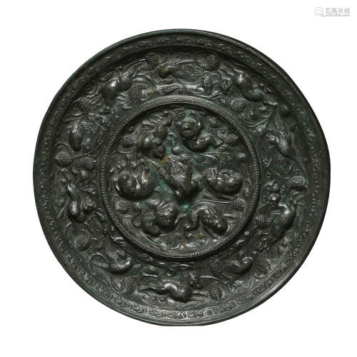 BRONZE MIRROR WITH SEA BEAST GRAPE PATTERN, TANG DYNASTY, CH...