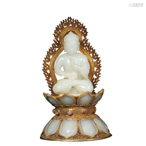 JADE BUDDHA INLAID WITH GOLD, QING DYNASTY, CHINA (PURE GOLD...
