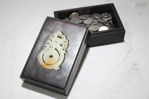 A Chinese Coin-filled Jade-inserted Wooden Box