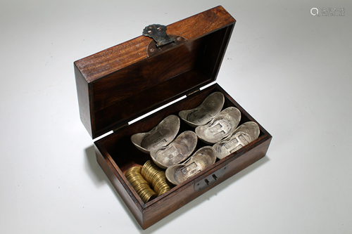 A Chinese Coin-filled Money Bricks Lidded Wooden Box