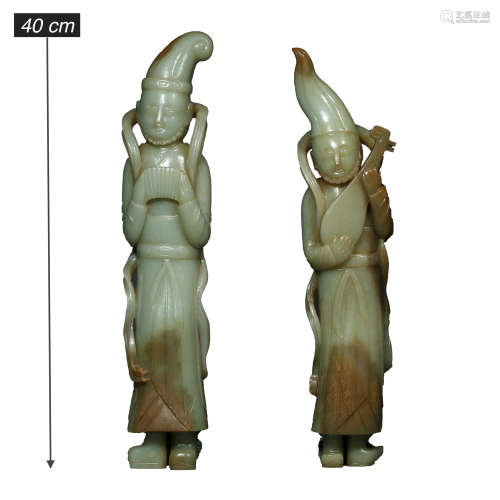 A PAIR OF HETIAN JADE FIGURES (LARGE),LIAO AND JIN DYNASTIES...