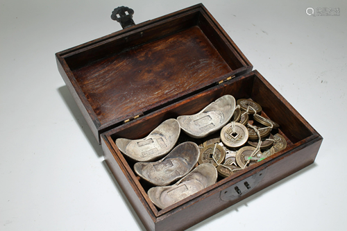 A Chinese Coin-filled Money Bricks Lidded Wooden Box