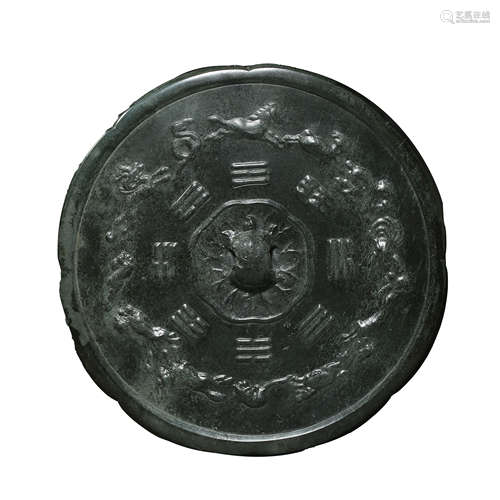 BRONZE MIRROR WITH BIRD AND BAGUA PATTERN, TANG DYNASTY, CHI...