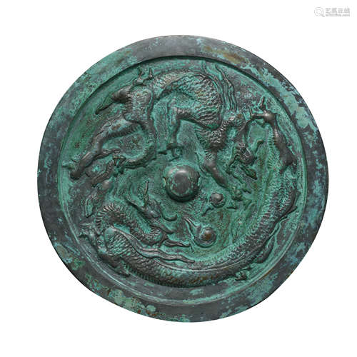 BRONZE MIRROR WITH FLYING DRAGON PATTERN, FIVE DYNASTIES, CH...