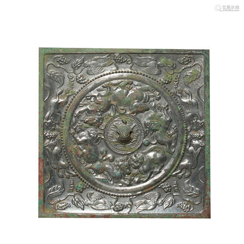 BRONZE SQUARE MIRROR, TANG DYNASTY, CHINA