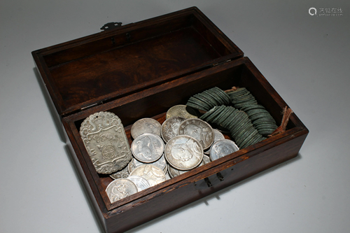 A Chinese Coin-filled Lidded Wooden Box