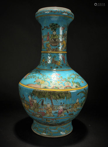 A Chinese Porcelain Joyful-kid Circular Blue Vase