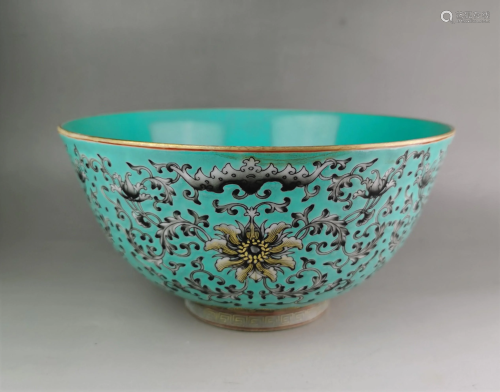 A large Chinese Qing style turquoise-ground gilt black